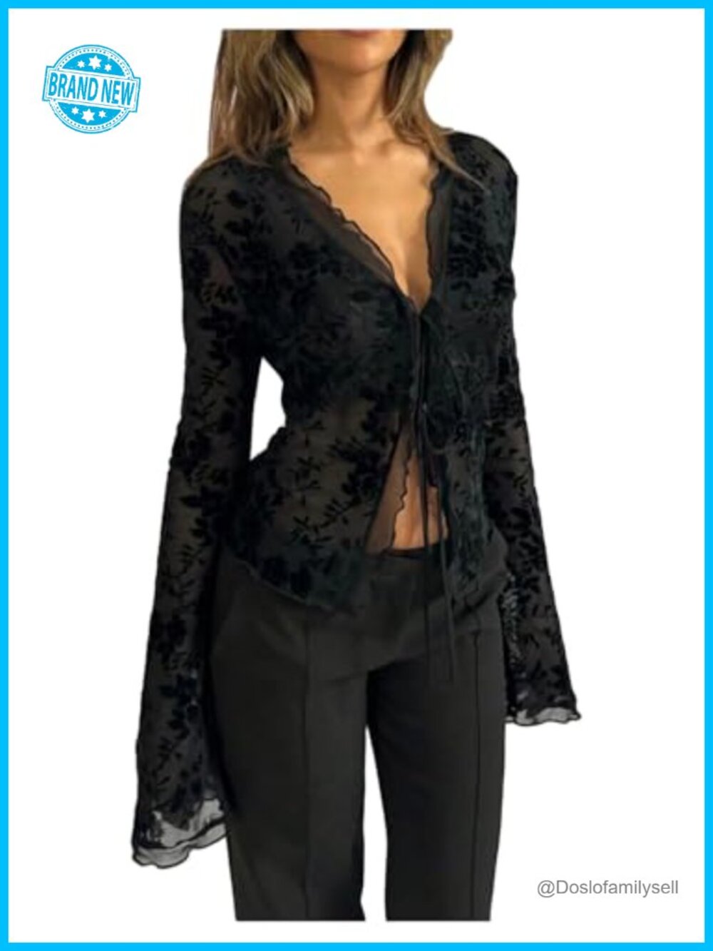 Mesh Tie Front Top Bell Long Sleeve V-Neck Sheer Blouse